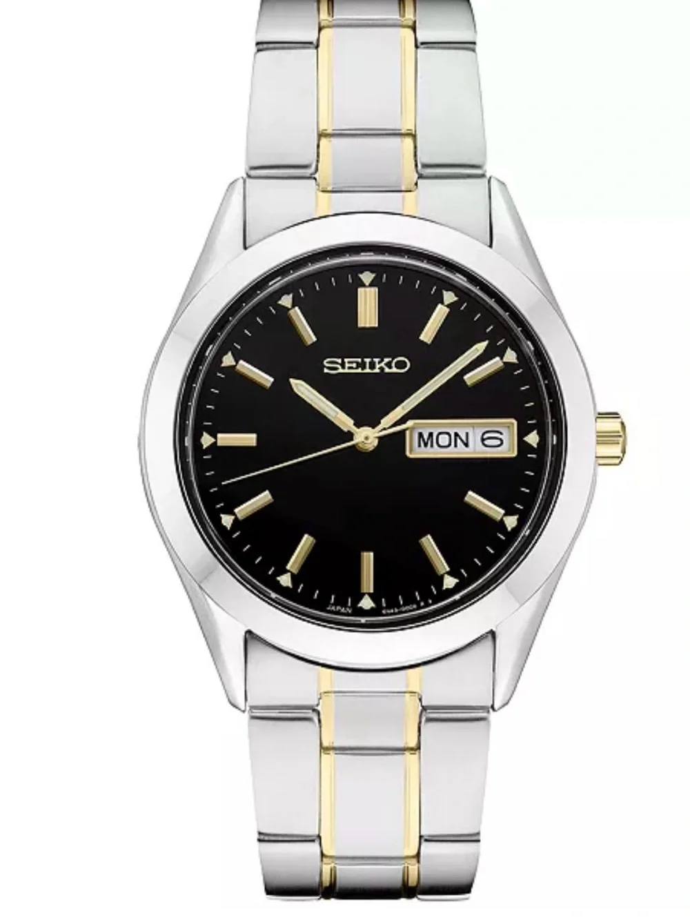Seiko Black Dial Two-Tone Gold & Silver Bracelet Watch day date Mens Watch